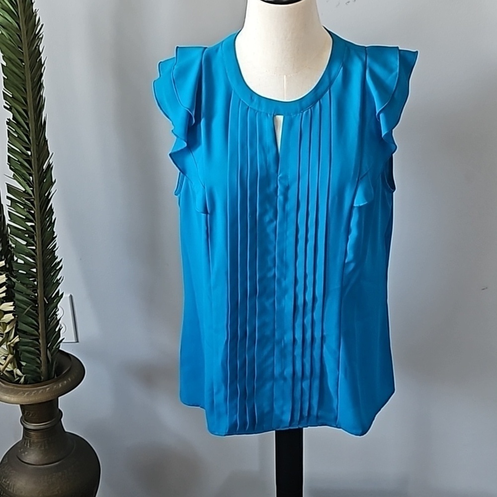 Elle Turquoise Sleeveless Blouse with Ruffles and Pleated Front